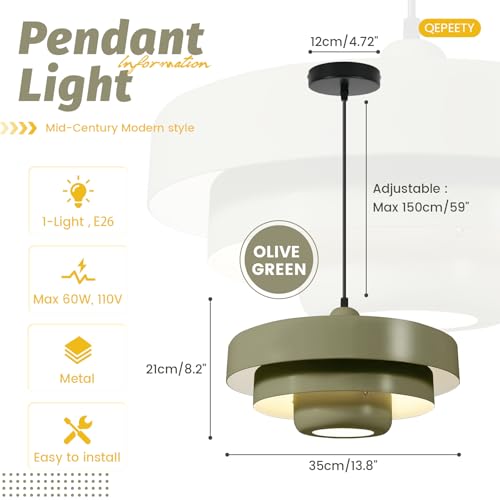 Image of 2-Pack Mid-Century Olive Green Pendant Light Fixtures, Adjustable Wire Hanging Lamps, 3-Layer Pendant Lamp E26 Base for Foyer, Bedroom, Farmhouse