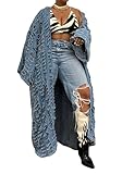 Kwunbwa Women's Oversized Ripped Denim Long Cardigan Distressed Hollow Open Front Kimono Robe Duster Jean Jacket Coat