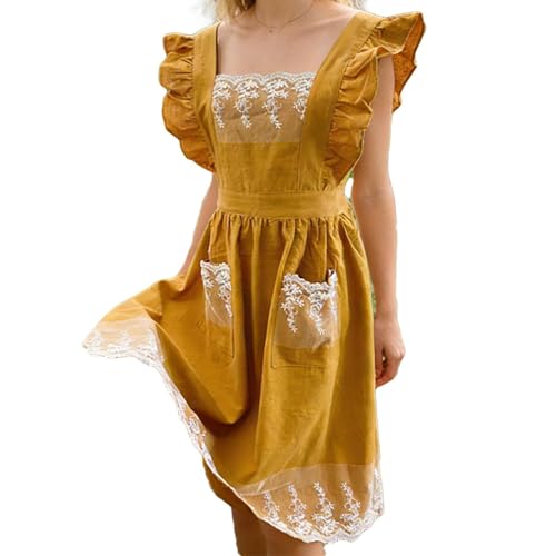 Tablier de cuisine pour femmes avec dentelle et fleurs en coton