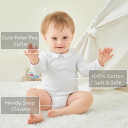 Pureborn Baby Boy Girl Long Sleeve Cotton Bodysuit Spring Fall Peter Pan Collar Romper Solid White 18-24 Months #TOP1