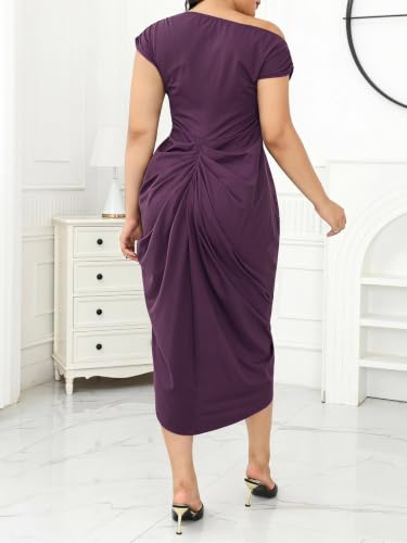 Image of Floerns Women's Plus Size Asymmetrical Neck Long Dress Ruched Slit Hem Cocktail Dress