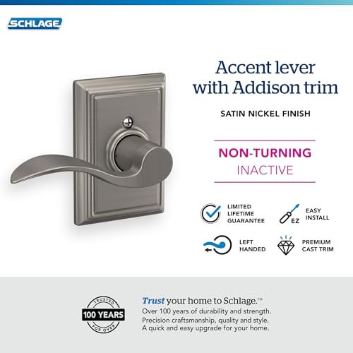 Image of SCHLAGE Accent Lever with Addison Trim Non-Turning Lock in Satin Nickel - Left Handed - F170 ACC 619 ADDLH - 568374