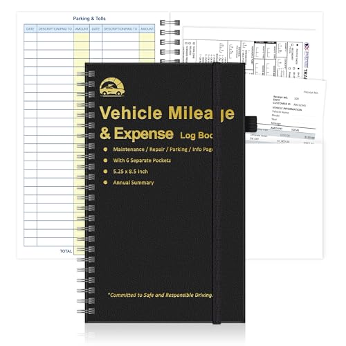 1 Pcs Auto Vehicle Mileage and Expense Journal with 6 Pockets 600+ Entries 5-1/4" x 8-1/2" PU Cover Miles Log Book Expense Odometer Track Record Notebook for Business Driving 60 Pages(Black, 1)