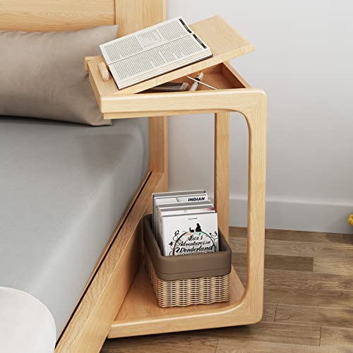 Kaslandi Movable Side Table, C Shaped End Table Built-In Storage Space, C Table For Sofa Couch And Bed With Three Tilt Angles Adjustable, For The Living Room And Bedroom(Wood) #TOP5