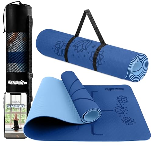 LA MENTE ES MARAVILLOSA - Esterilla de Yoga, Pilates y Fitness【E-Book, Bolsa y Correa de Hombro】Colchoneta Antideslizante TPE para Deportes, Gimnasio en Casa | 183x61 cm (Flores, Azul Oscuro/Claro)