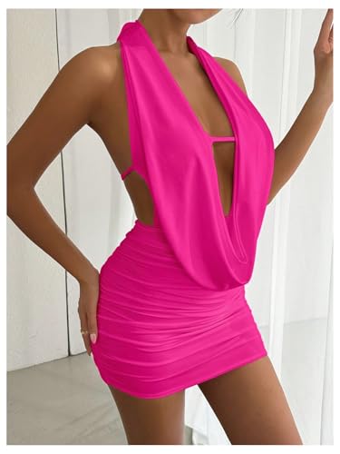 Image of SOLY HUX Women's Sexy Deep V Neck Halter Bodycon Mini Dress Sleeveless Party Club Dresses