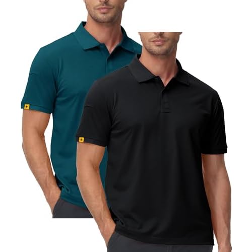 ZITY Mens 2 Pack Polo Shirts Short Sleeve Performance Sports Golf Shirt for Men Tactical Shirt Medium Black Dark Teal Blue