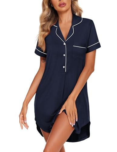 Image of Ekouaer Women's Nightgown Button Down Nightshirt V Neck Sleepshirt Short Sleeve Sleepwear Soft Pajama Dress