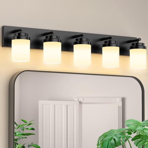 Image of IZORRO Bathroom Vanity Light Fixture, 5-Light 36 Inch Matte Black Bathroom Light Fixtures Over Mirror, with White Glass Shade, Modern Farmhouse Vanity Lights, Rustic Restroom Lighting Fixtures