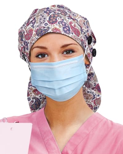 Image of Satin Lined Scrub Cap for Women Extra Large Long Hair Surgical Nurse Cap 4 Buttons