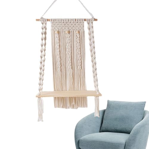 Seyrnicay Estante de pared tejido, colgador de pared de cuerda bohemio hecho a mano, accesorios de decoración de interiores para el hogar, organizador de madera de plantas de estilo bohemio para pared