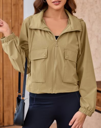 Tankaneo Womens Cropped Military Jackets Hooded Long Sleeve Zipper Anorak Coat with Pockets — view 3