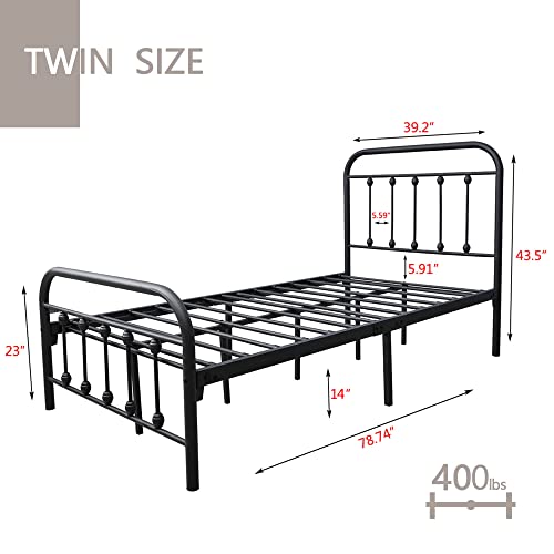 Aufank Twin Size Bed Frame Metal Platform Victorian Vintage Headboard Footboard No Box Spring Premium Steel Slat Mattress Foundation Black #TOP1