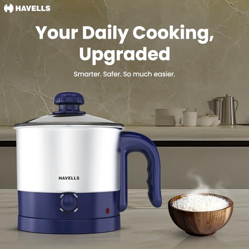 Image of Havells Steamor Multicook Kettle | 1.2 L Capacity | Food Grade Body with Cool Touch Handle | Multiple Steaming Attachments | Double Safety Protection | 3 Temperature Modes(Blue)
