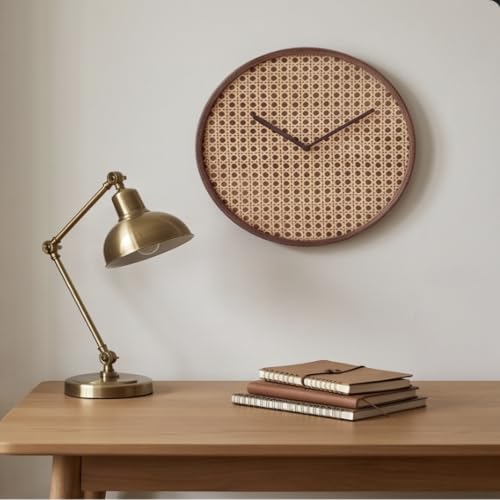 Image of The Artment your artistic apartment Brown CaneHalo Clock Natural Cane Weave Wall Clock, Silent Quartz Movement, Wooden Frame Minimalist Round Clock for Living Room, Bedroom, Office Decor