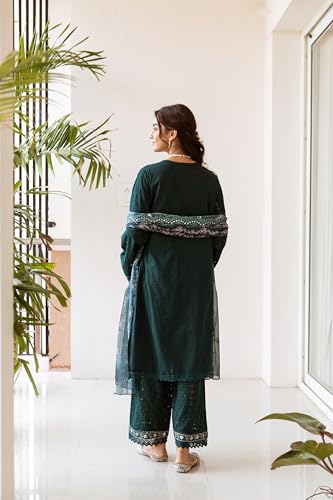 Image of ishin Embellished Yoke Cotton Schiffli Kurta Paired with Lace Hemlined Pants and Art Silk Dupatta