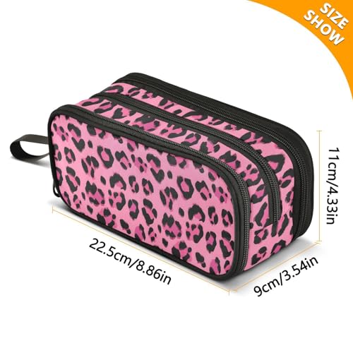 Image of Hot Pink Black Leopard Print Pencil Case Box Boys Girls Large Pencil Pouch Zipper Compartments Big Capacity Stationery Pen Bag Organizer for Kids Teens Adults School Office