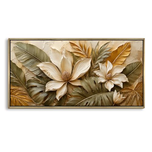 Image of PAPER PLANE DESIGN Modern Floral Wall Art with Vintage Gold Floating Frame, 2 x 4 Feet Ready to Hang Canvas Art for Bedroom Office - FLR-084