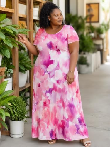 Image of PinkPatty Plus Size Dress for Women Casual Crew Neck Short Sleeve Maxi Dress Oversized Summer Beach Dresses with Pockets