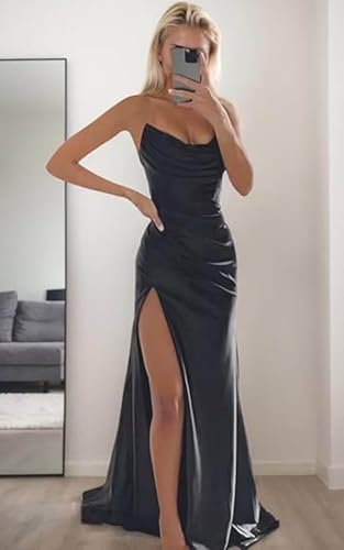 SOLODISH Satin Prom Dresses for Women Strapless Mermaid Cowl Neck Formal Evening Party Gown4
