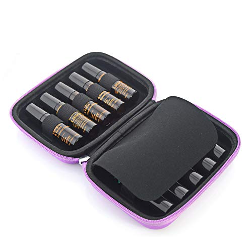 Roller Bottle Essential Oil Carrying Case Bundle with Accessories - Holds Ten 5ml & 10ml Roller Bottles- Comes W/ 6 Amber Glass Stainless Steel Roller Bottles - Free Roller Bottle Opener - Purple