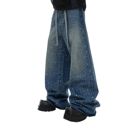 Rhinestone Jeans Men Baggy Y2K Wide Leg Bedazzled Denim Pants Washed Streetwear Bling Bottoms Glitter Sparkly Oversized
