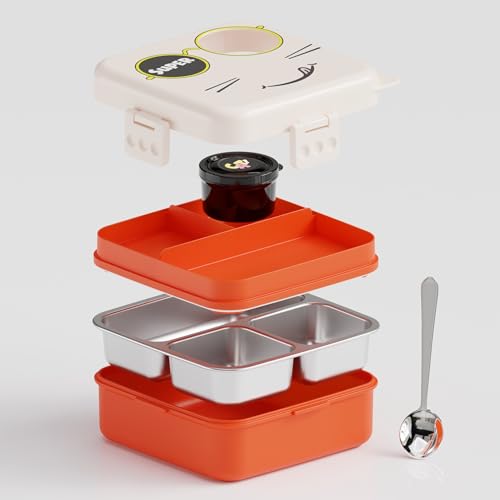 Image of Lunch Box for Kids & Adults, Multi Layer Tiffin Box, Stainless Steel Food Container with Partition, Leakproof 3 Compartment Bento Box with Spoon, 1120ml + 70ml (White, Super Cat)