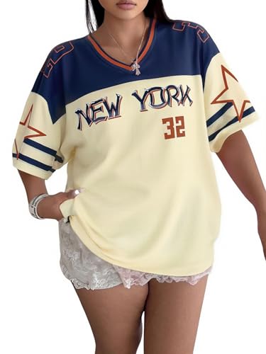 NANYUAYA Women's Plus Size Baseball Jersey Oversized Shirt V Neck Short Sleeve Graphic Tee Casual Jersey Color Block Tops