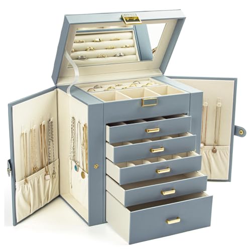 KAMIER Boîte à bijoux pour femme, grande boîte de rangement à bijoux à 6 couches avec miroir et 5 tiroirs pour bagues, boucles d'oreilles, colliers, bracelets, gris bleuté