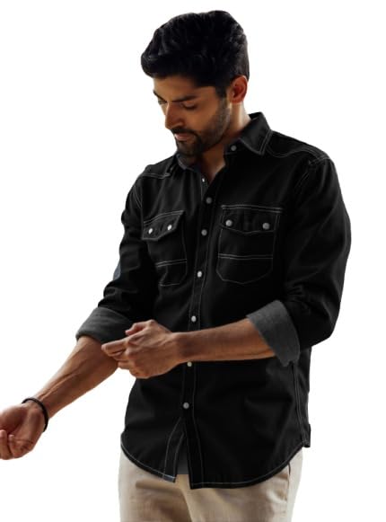 new-18 Mens Black Denim Shirt, Rugged Wear Shirt, Collar Neck Shirt-picture-53