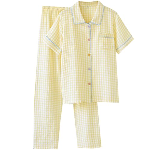 Womens Gingham Pajama Set Cotton Cute Pj Set Color Block Shirts 2 Piece Bridal Sleepwear Plaid Lounge Set
