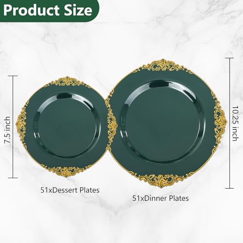 102PCS Green Plastic Plates - Green and Gold Plates - Fancy Heavy Duty Disposable Plate - Heavyweight Dinner & Dessert Plate for 51 Guests for Party & Wedding