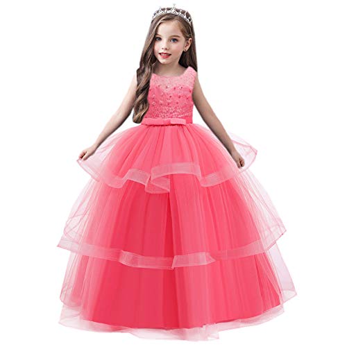 Robe de demoiselle d'honneur fille 4-14 ans longue rose mariage tulle dentelle