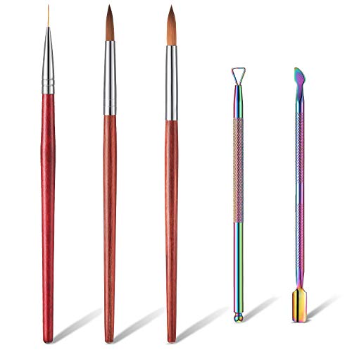 5 Pieces Artificial Kolinsky Acrylic Nail Brushes Kit, Includes Nail Art Liner Nail Art Brush (#Size 8, 10) with Wooden Handles and 2 Pieces Metal Chameleon Cuticle Pushers for Manicure