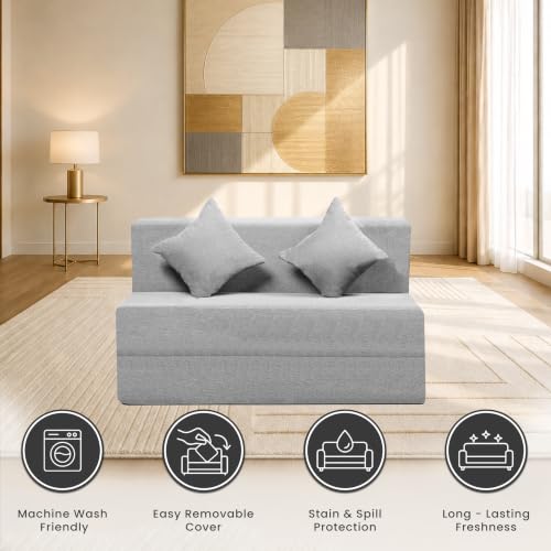 Image of Seventh Heaven Rejioce 2 Seater 4 * 6 Jute Fabric Washable Cover Sofa Cum Bed with 2 Cushions 2 Seater Double Foam Fold Out Sofa Cum Bed (Finish Color - Light Grey Delivery Condition - Pre-Assembled)