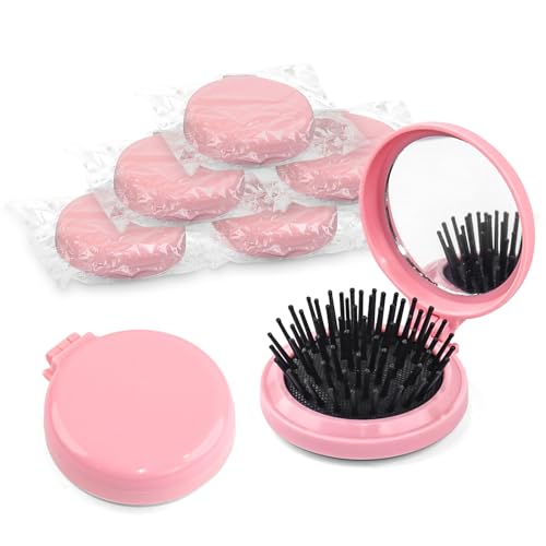 Cepillos de pelo plegables de viaje con espejo redondo y mini peine rosa compacto