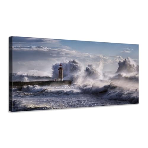 Generico Faro sull’oceano in tempesta - quadro stampa su tela con telaio in legno - 100x50 cm
