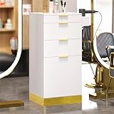 OmySalon Salon Station, Barber Station for Hair Stylist, Storage Cabinet with Stainless Steel Finish & Drawers & Heat Resistant Dryer Holders, Modern Style for Barbershop, White