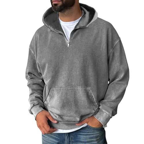 Mens Quarter Zip Hoodie Distressed Washed Hoodie Warm 1/4 Zip Pullover Hooded Sweatshirt Drawstring Fall Sweater