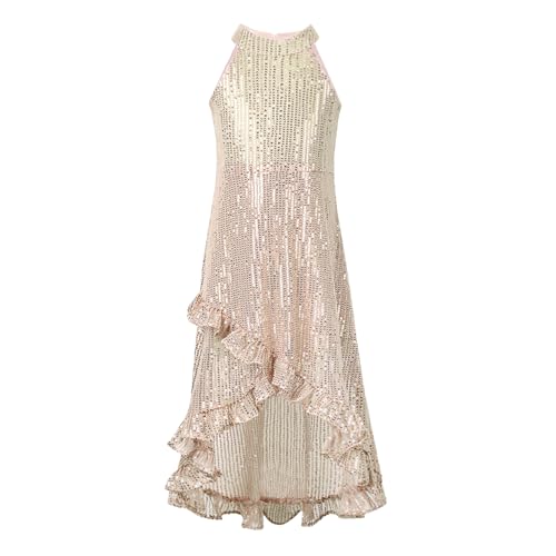 WELAKEN Girls Sequin Dress for Kids Sparkly Halter Neck Sleeveless Casual Party Wedding Twirl Dresses