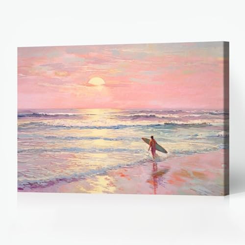Quark Pink Surfing Painting Beach Canvas Wall Art Pastel Girly