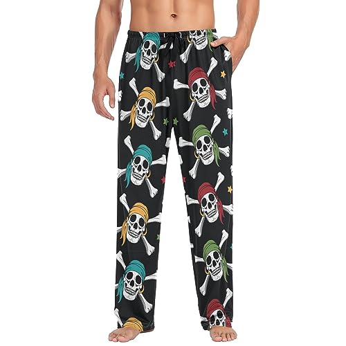 Pirates Colorful Skulls Pajama Pants Yellow Red Stars Men's Pajama Bottoms Lounge Sleepwear PJs Lightweight Sleep Pants L3