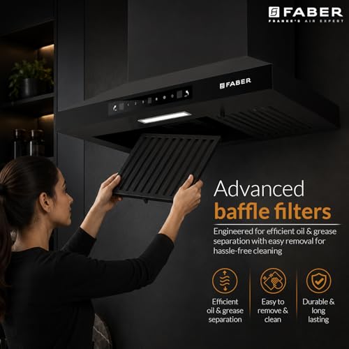 Image of Faber Pluto 60 cm 1000 m /hr Wall Mounted Kitchen Chimney | Baffle Filter | Touch Control | LED Lights | 1 Year Comprehensive Warranty and 12 Years on Motor | Black | HOOD PLUTO SENSOR TC BF BK IN 60
