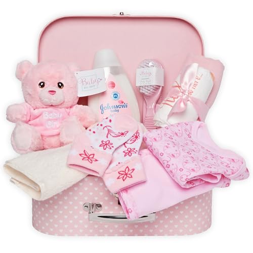 Cesta de Bebé Recién Nacido Niña Estilo Maletín – Caja de Recuerdos Rosa con Osito, Muselina, Ropa y Esenciales para Bebé – Regalo Ideal para Baby Shower