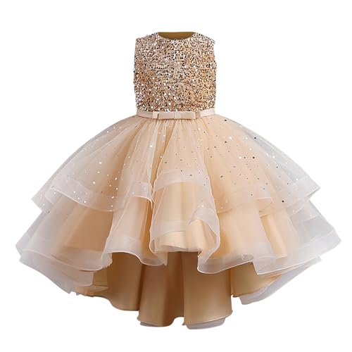 KAGAYD Girls Sequin Dress Kids Girls Wedding Pageant Long Tail Dresses Lace Party Grown with Bow-Knot