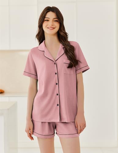 Image of Ekouaer Womens Waffle Knit Pajama Sets Soft Short Sleeve Button Down Sleepwear Cozy 2 Piece Pjs Shorts Set