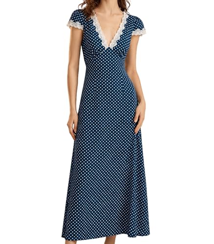 RIHOAS Women Summer Dresses Deep V Neck Navy Polka Dot Dress Lace Trim Maxi Dress Splice Lace Elegant Dress for Party