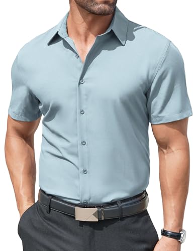COOFANDY Camisa De Vestir De Manga Corta para Hombre Camisa De Negocios Lisa Camisa Formal EláStica Camisas De Corte Regular Sin Plancha Azul Claro M