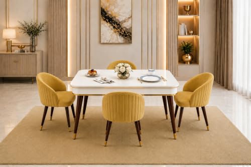Image of WOODEN SPACE 4 Seater Wooden Dining Table Set | Urban Marble Top Dining Table with Chairs for Dining Room & Kitchen (Majestic Classic Backline Yellow) (42 x 42 x 30 inch)