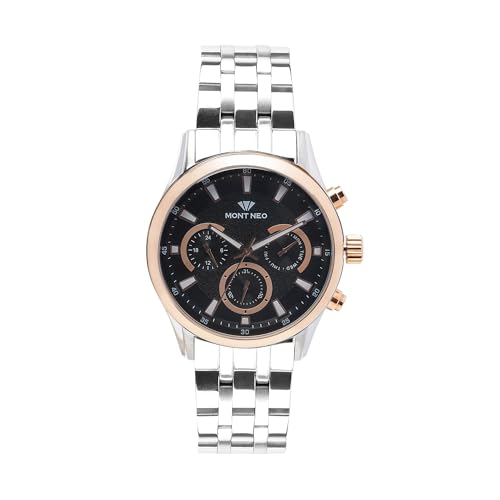 Image of Men's Sleek Black Round Chronograph Stainless Steel Silver Strap Quartz Watch 7008C-M1304-44 mm